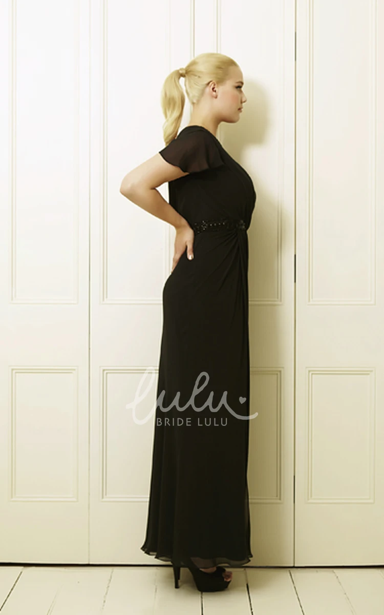 Plus Size Prom Dress Ankle-Length Chiffon Beaded Poet-Sleeve Scoop-Neck Draping