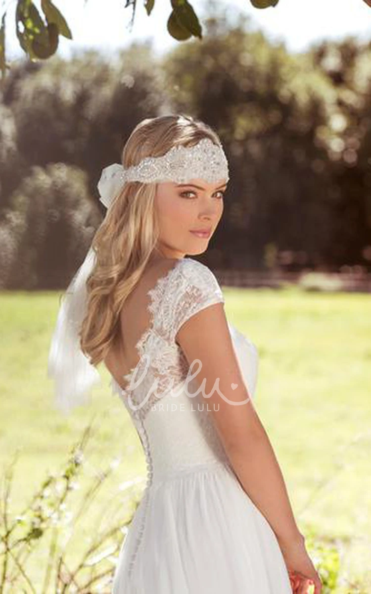 Chiffon Sheath Wedding Dress with Appliques V-Neck and Cap-Sleeves Long Length