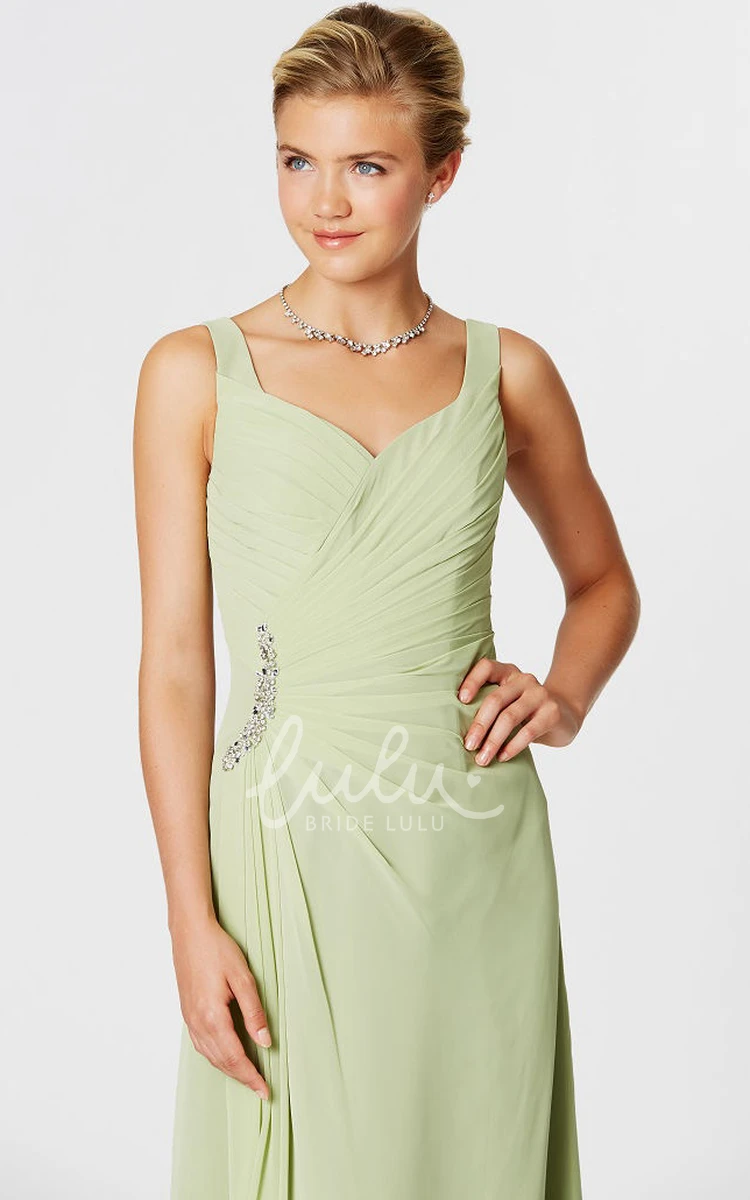 Sleeveless Chiffon Bridesmaid Dress with Side-Draped Straps and Beaded Details