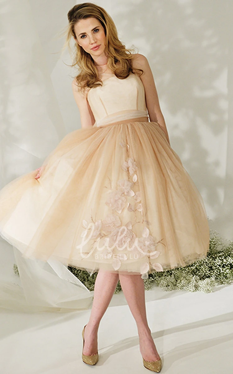 Tea-Length Floral Tulle Wedding Dress with Illusion High Neck and Bow