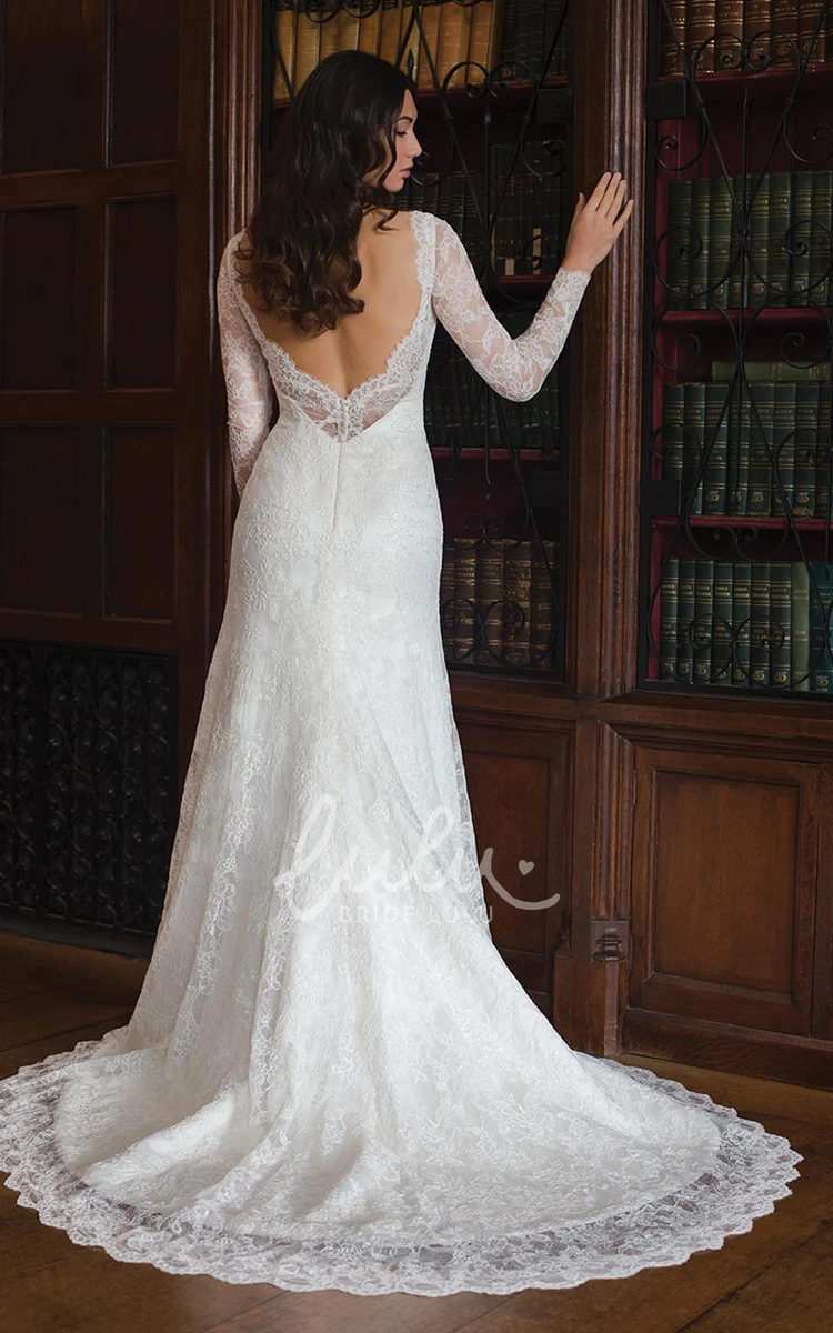 Long-Sleeve Sheath Wedding Dress with V-Neck and Lace Details