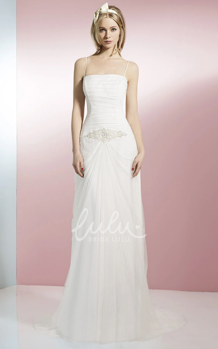 Long Jeweled Spaghetti Strap Wedding Dress with Draping and Low-V Back