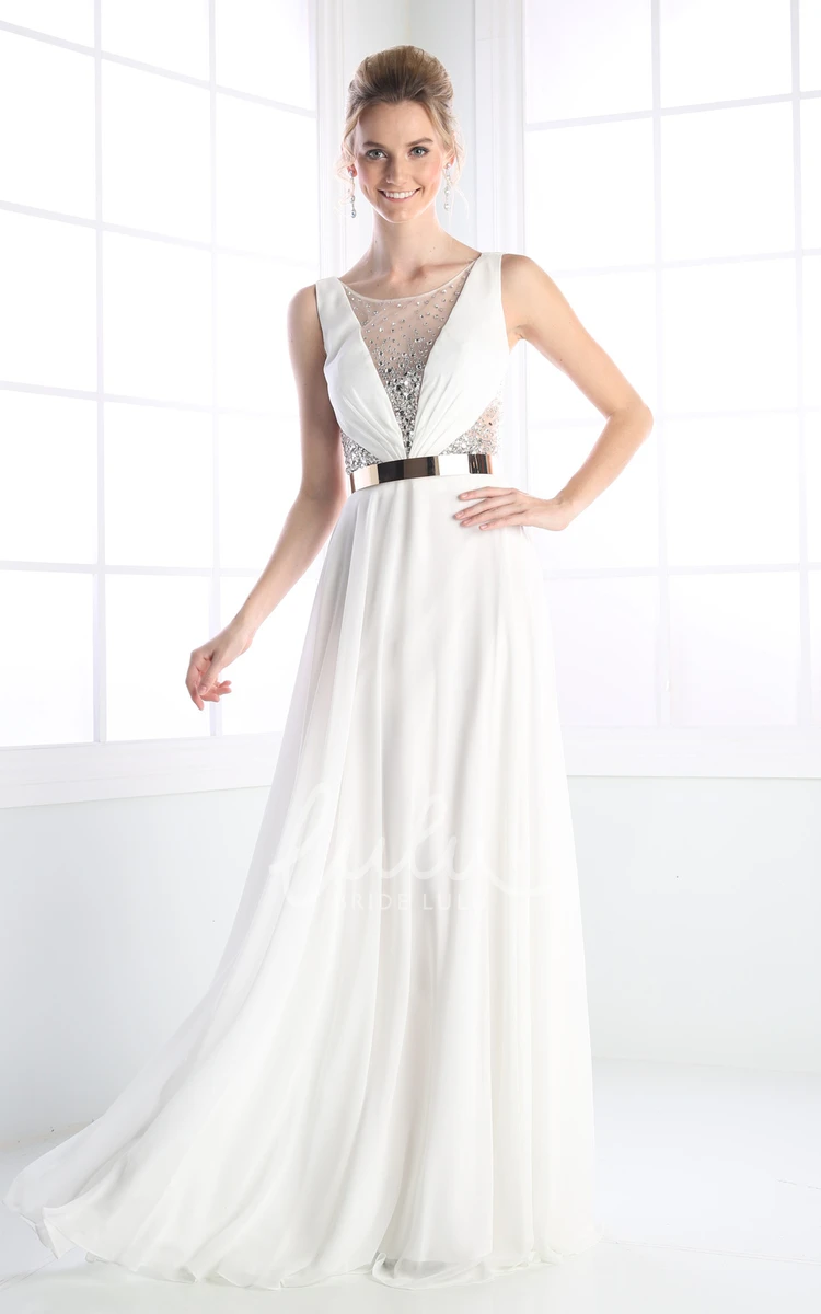 Scoop-Neck Sleeveless Chiffon Dress with Low-V Back A-Line Prom Dress