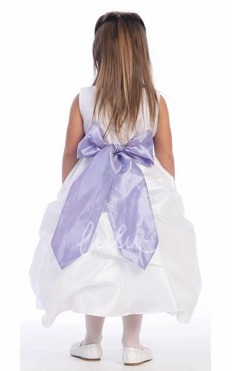 Ruched Taffeta Flower Girl Dress with Floral Print Tea-Length