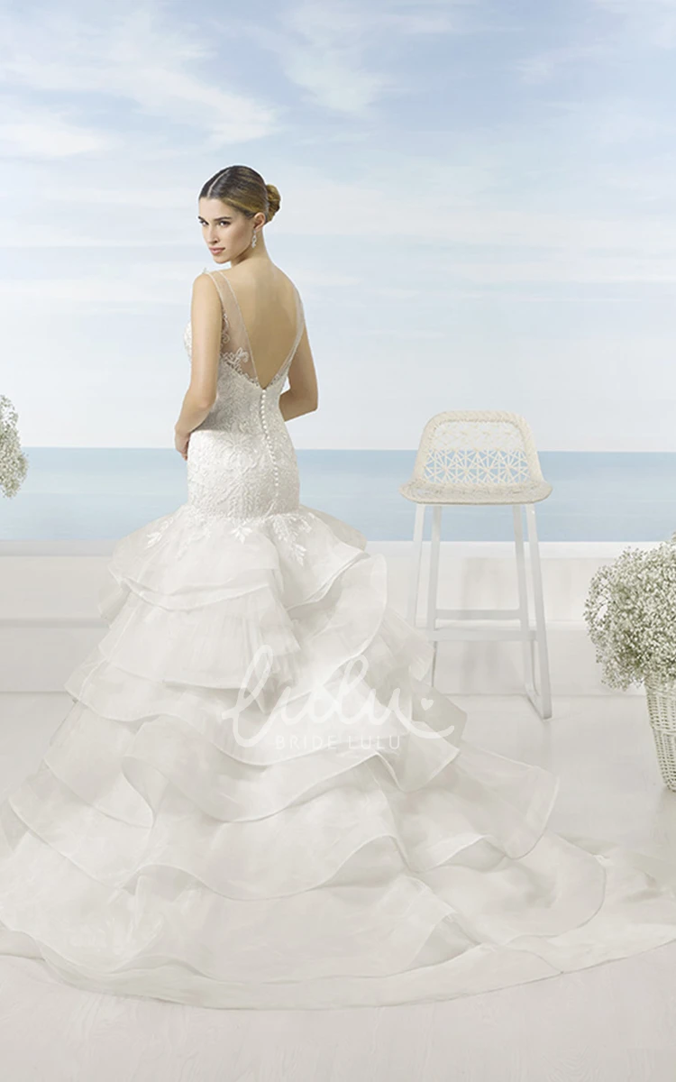 Lace&Organza Wedding Dress with Tiered Skirt and Appliques + A-Line + V-Neck