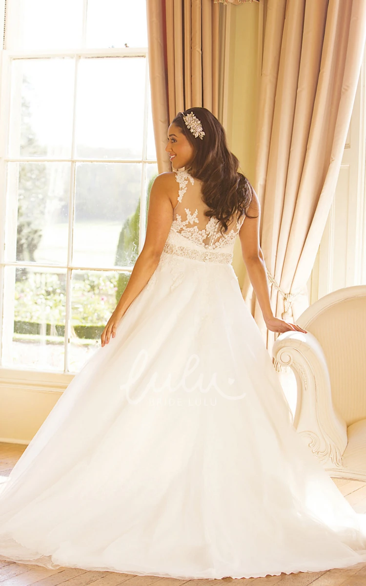 Plus Size Tulle Ball Gown Wedding Dress with Illusion Scoop-Neck and Appliques