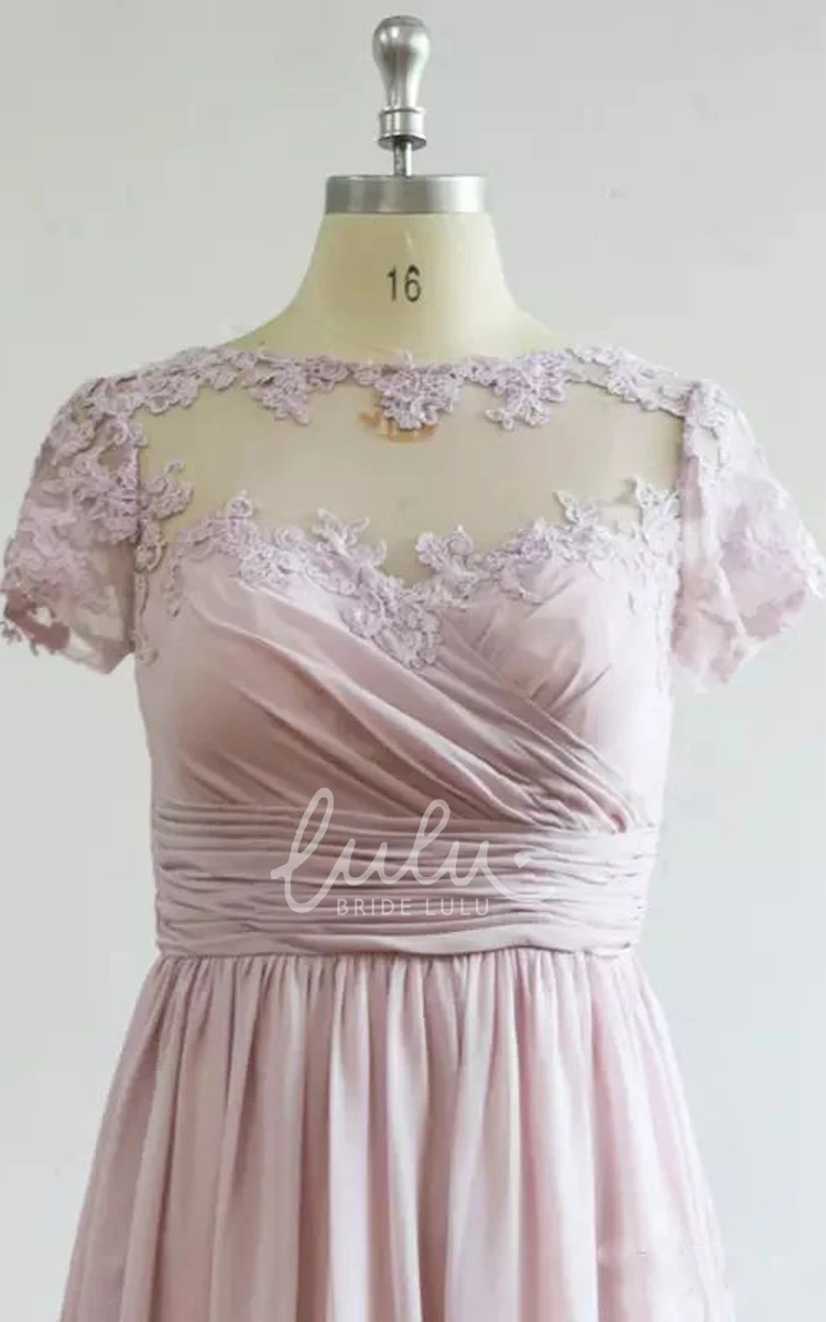 A-line Chiffon Bridesmaid Dress with Appliques and Ruching Jewel Style Short Sleeve