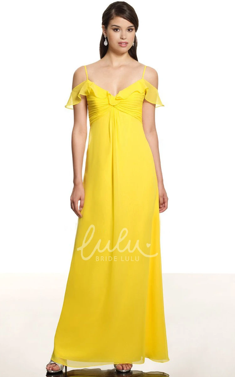 Sleeveless Ruched Chiffon Bridesmaid Dress with Low-V Back Spaghetti Empire Style