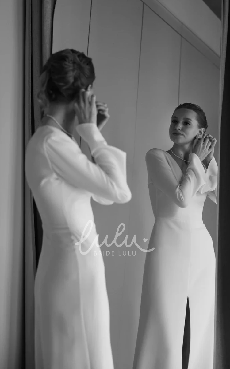 Minimalist Modest Bell Long Sleeve A-Line Wedding Dress Simple Flowy Spring Satin Split Front Low-V Back Bridal Gown with Court Train