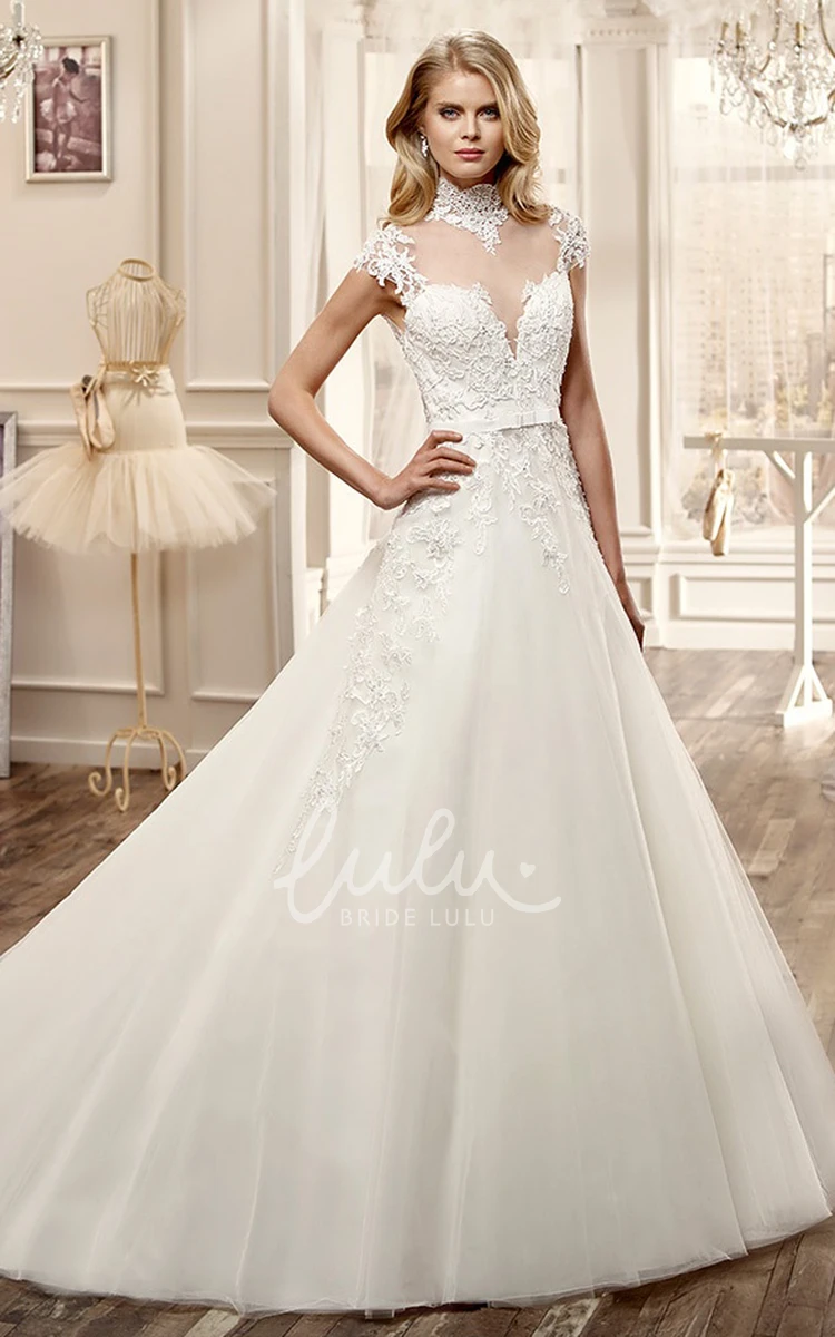 A-Line Wedding Dress with High Neck Appliques and Illusive Neckline/Back