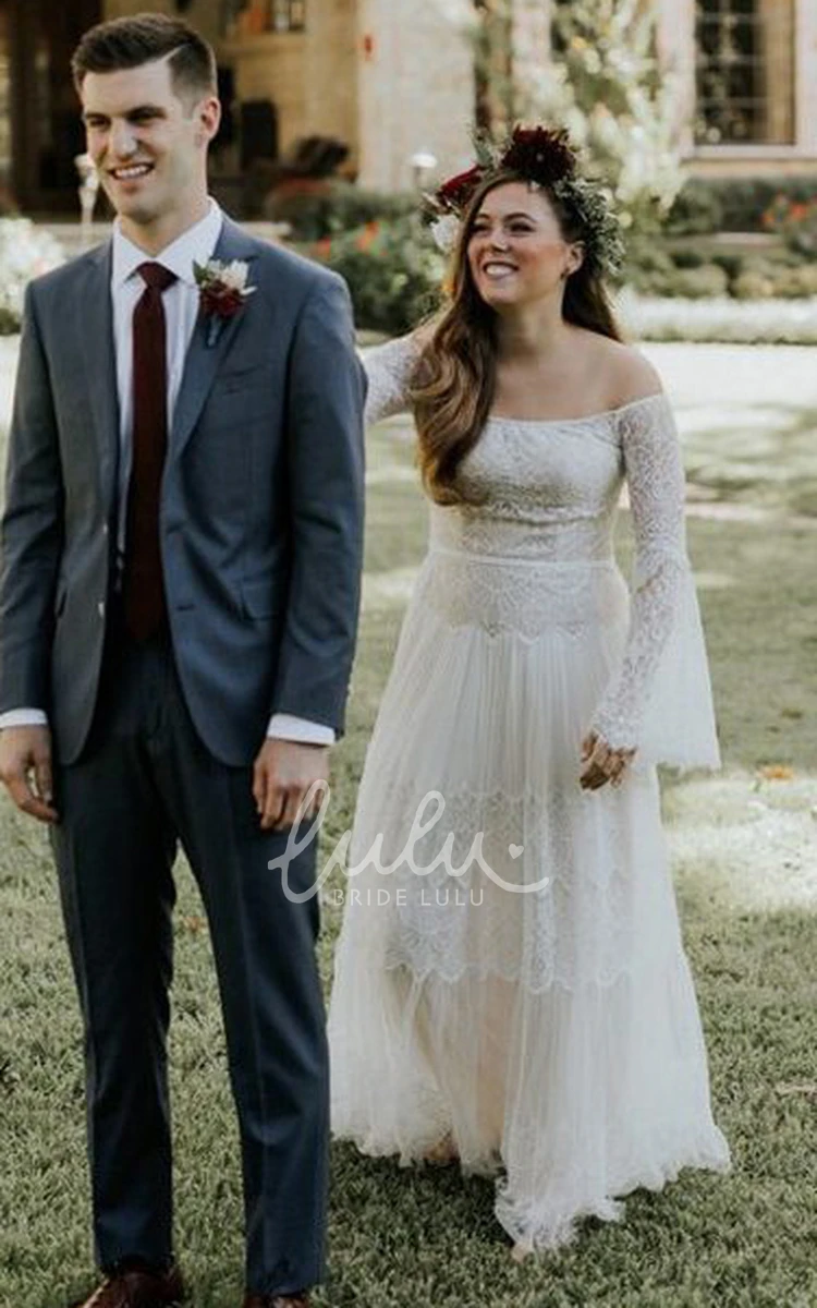 Long Sleeve Lace Vintage Ethereal A Line Wedding Dress with Button and Lace Unique Wedding Dress