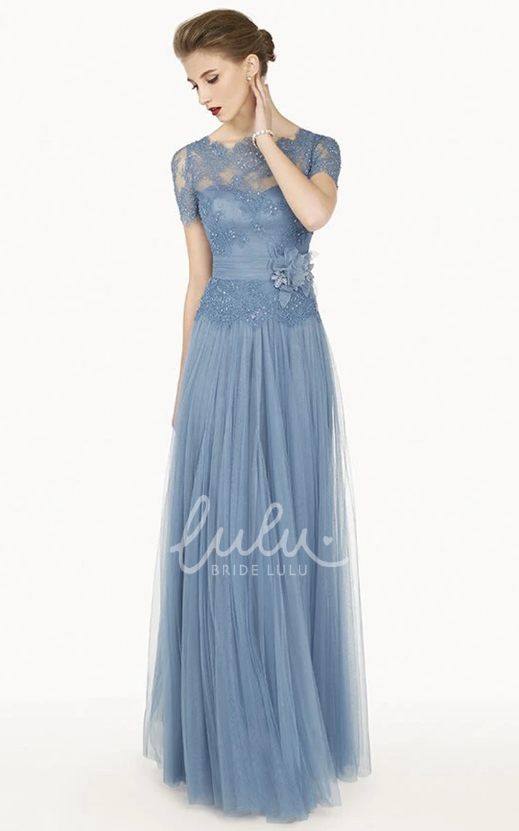 Lace Top Tulle Long Formal Dress with Scalloped Bateau Neckline and Flower Sash