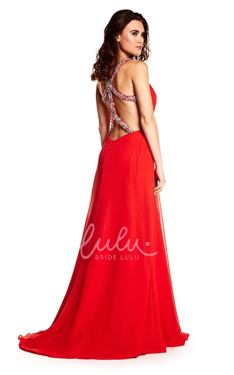 V-Neck Ruched Beaded Chiffon Prom Dress with Straps Prom Dress Women Modern Boho