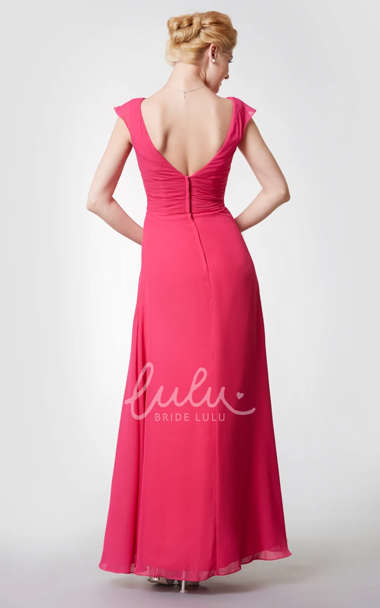 Cap-sleeved A-line Chiffon Bridesmaid Dress with Low V Back Flowy and Simple