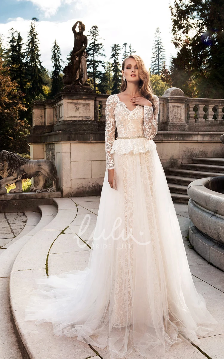 Long Sleeve Lace Wedding Dress with V-Neck and Crystal Embellishments