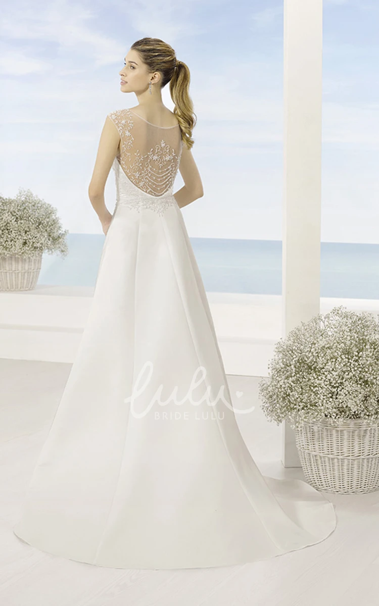 A-Line V-Neck Appliqued Satin Wedding Dress with Court Train and Illusion Back