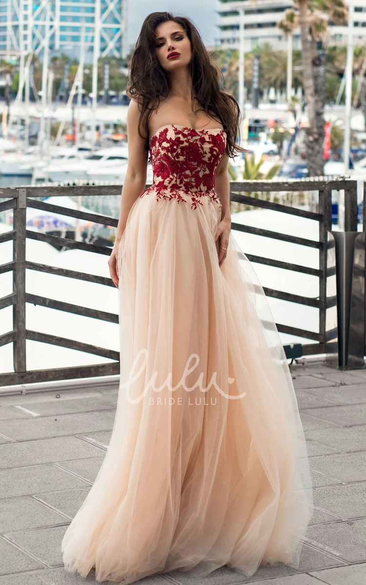 Romantic A-Line Strapless Lace Tulle Prom Dress Flowy Bridesmaid Dress