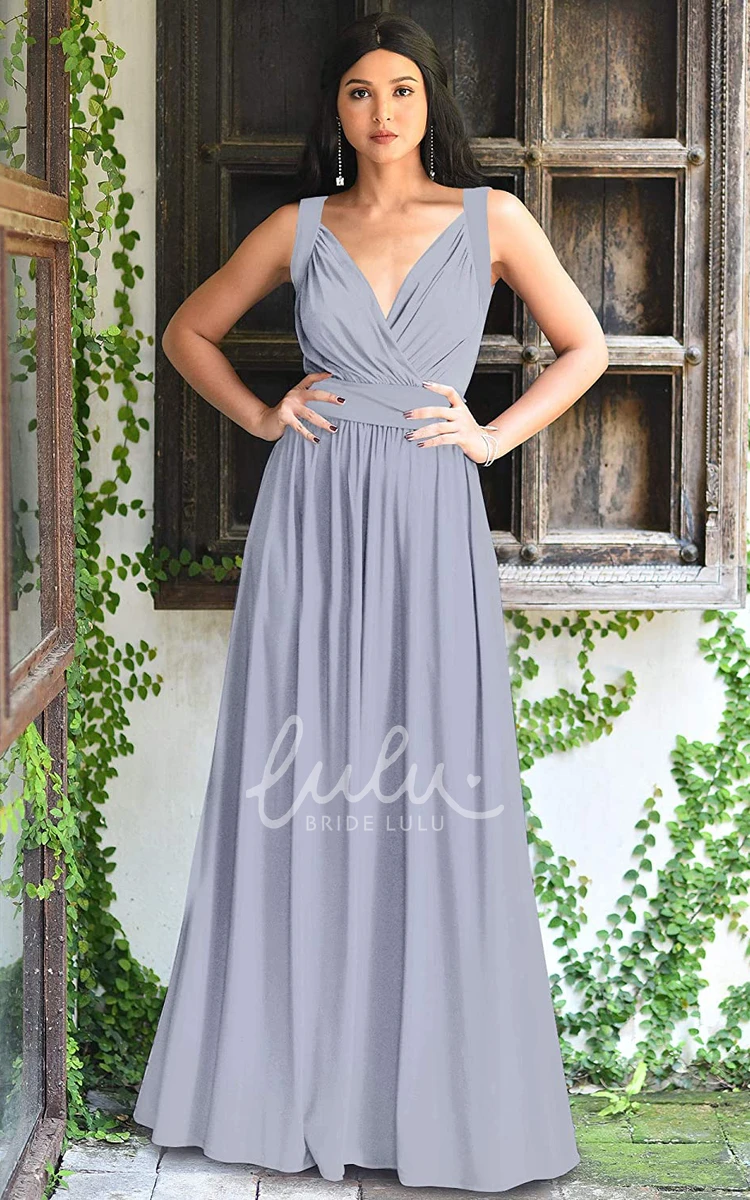 Chiffon V-neck A-line Bridesmaid Dress with Ruching Casual Floor-length