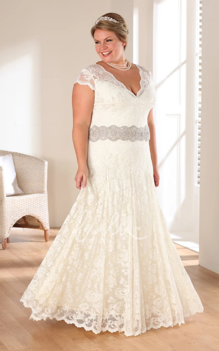 Long V-Neck A-Line Wedding Dress with Cap Sleeves and Lace Appliques