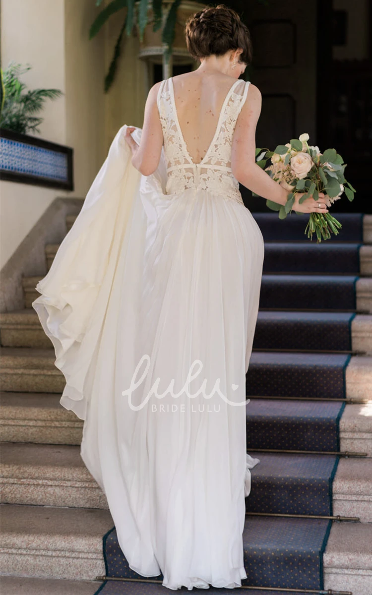Simple Plunging Neck A Line Chiffon Lace Wedding Dress with Pleats Elegant Bridal Gown