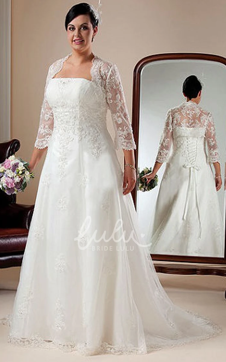 Lace Strapless Wedding Dress with 3-4-Sleeve Bolero and Lace-Up