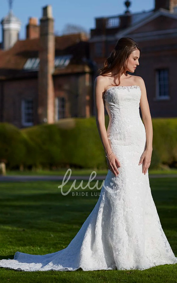 Beaded Lace Wedding Dress with Court Train Strapless