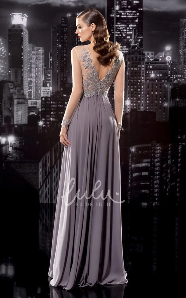 Sleeveless Sheath Chiffon Formal Dress with Jewel-Neck and Low-V Back Appliques