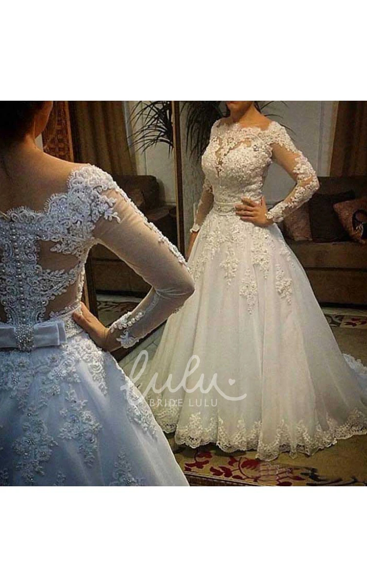 Scalloped Lace Tulle Ball Gown Wedding Dress with Button Detail