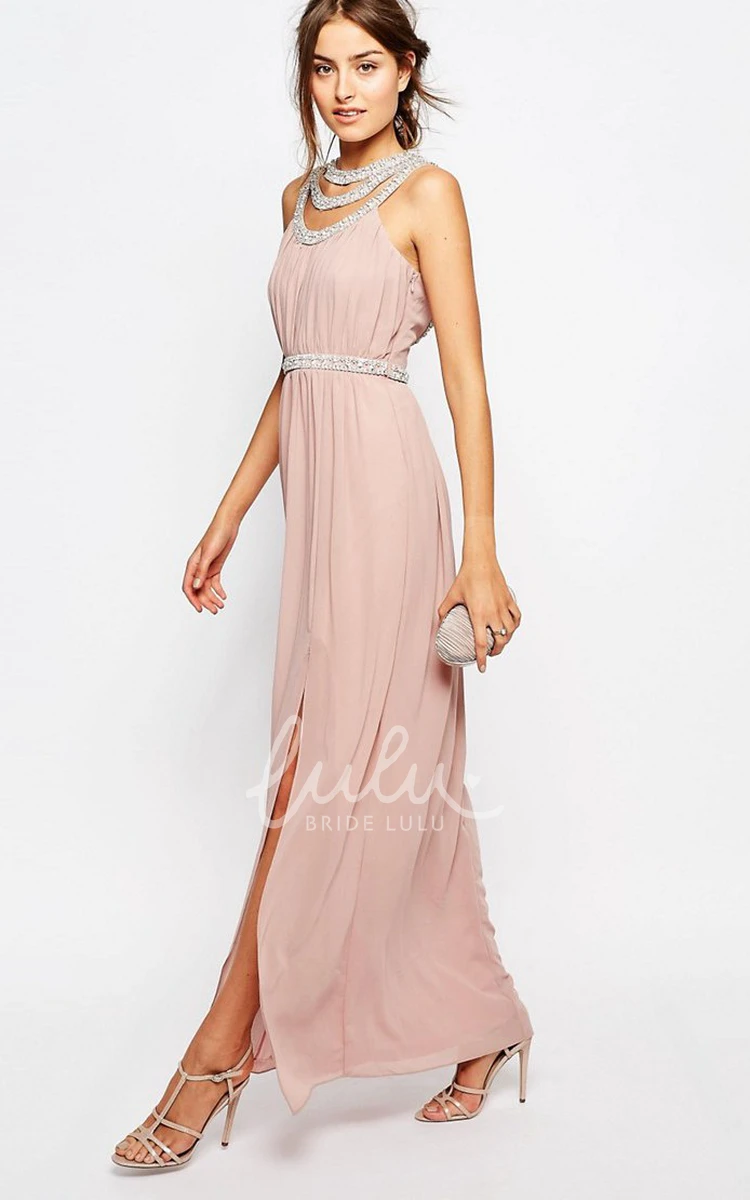 Sleeveless Sheath Chiffon Bridesmaid Dress with Split-Front and Beading