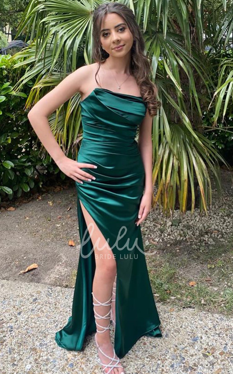 Dark Green Simple Pleated Floor Length Gowns Sheath Front Split