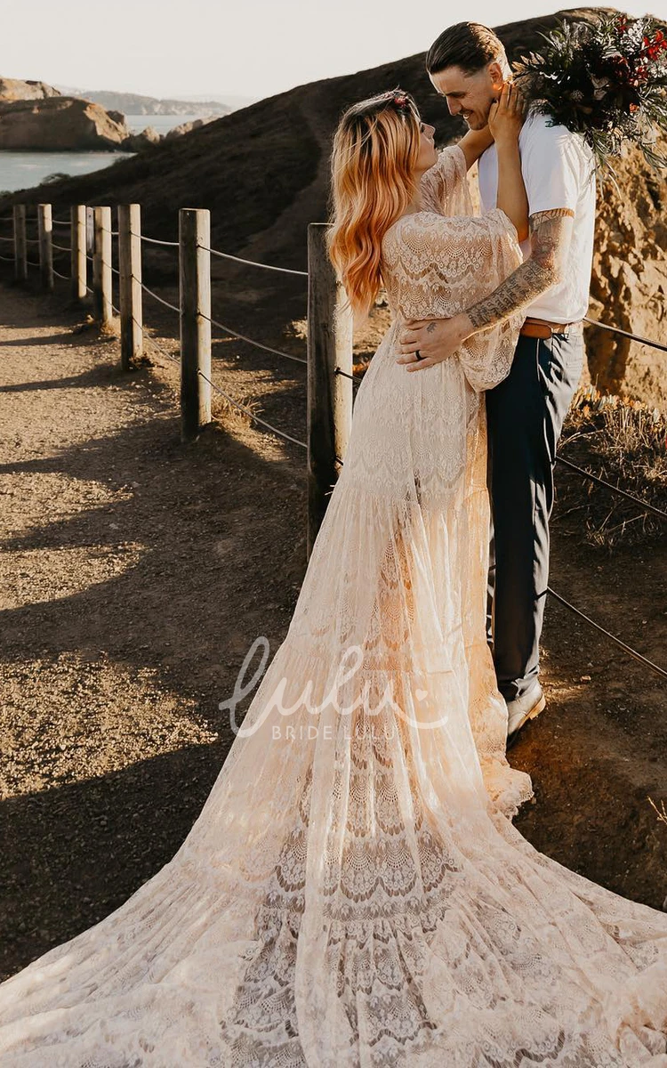 Romantic A-Line Lace Wedding Dress Long Sleeves Garden Elegant Bride Gown