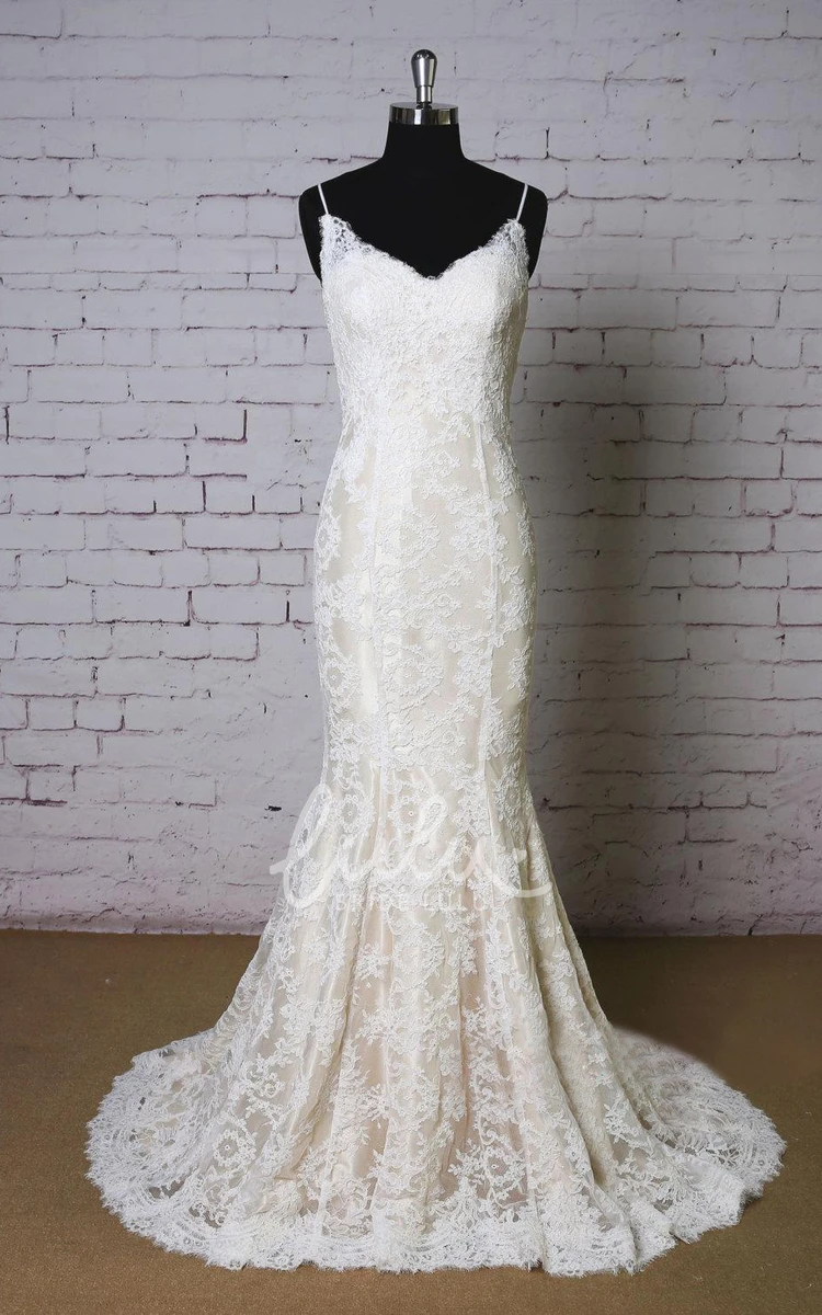 Mermaid Wedding Dress with Lace and Champagne Underlay Spaghetti Straps