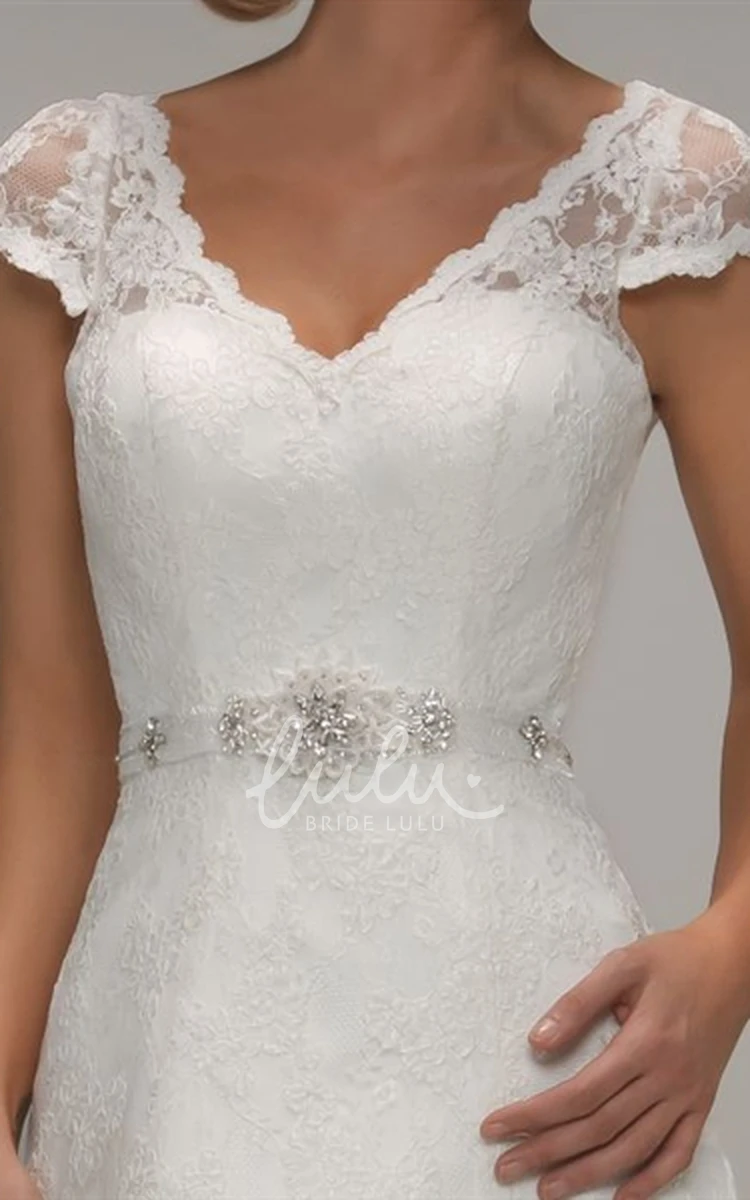 V-Neck Cap-Sleeve Lace Wedding Dress with Jeweled Appliques and V Back Stunning Bridal Gown