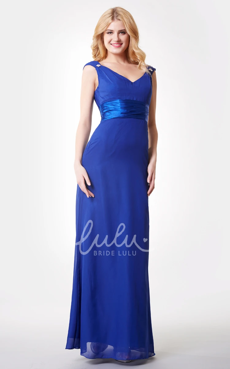 Long Chiffon A-line Dress with V-back and Cap Sleeves for Prom