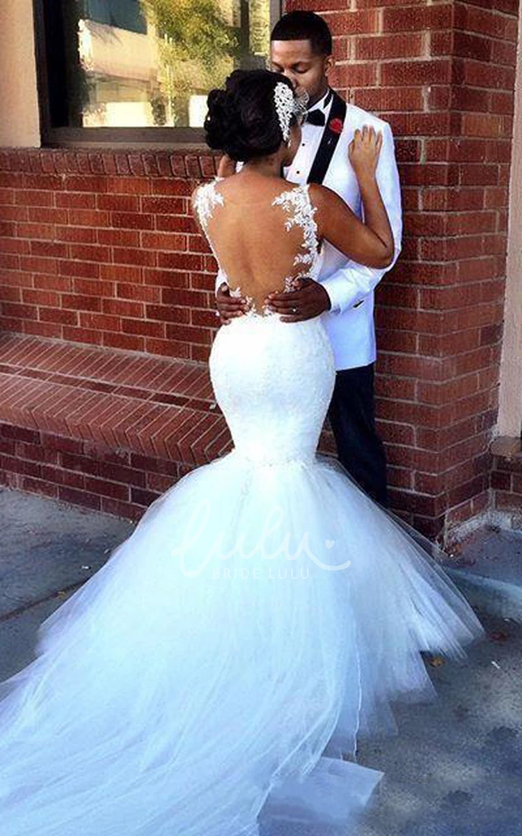 Short Mermaid Illusion Lace Wedding Dress with Spaghetti Straps and Bell Train