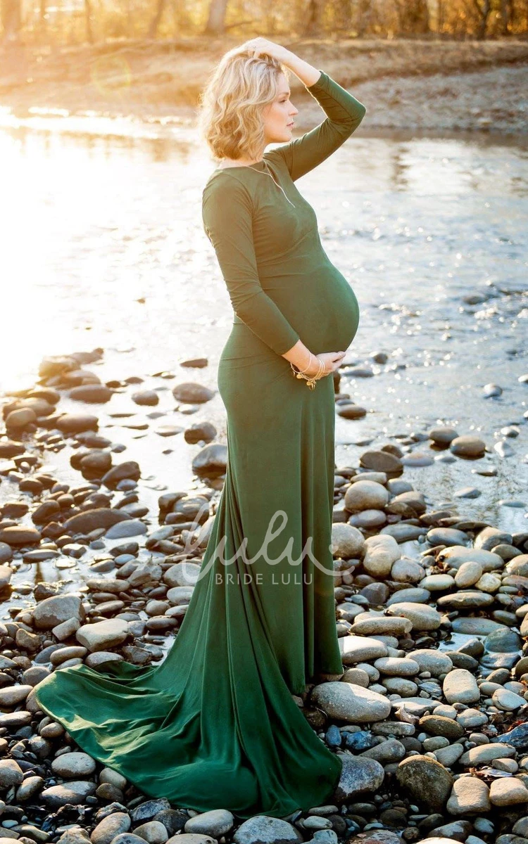 Sweep Train A-Line Maternity Dress with Long Sleeves and Empire Waist