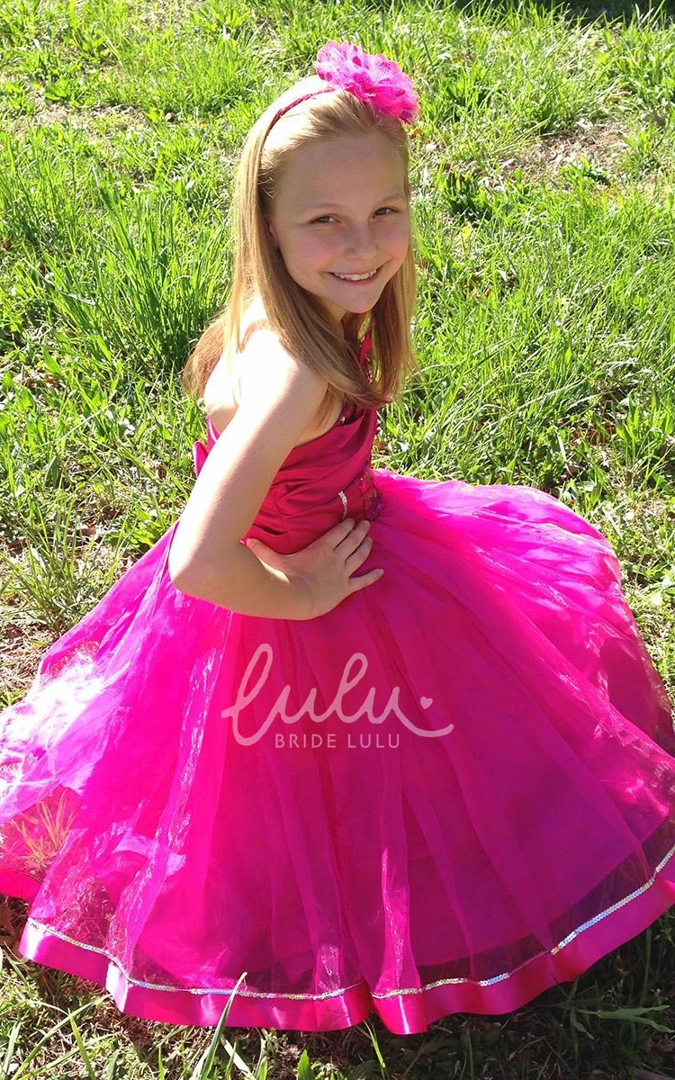 Sequin Broach Tea-Length Flower Girl Dress with Organza Sash Classy Prom Dress