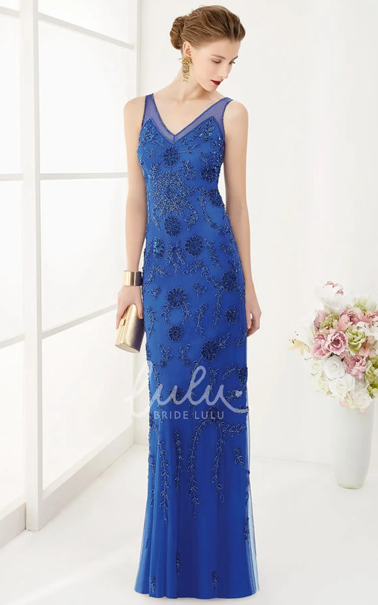 Sheath Long Dress with Crystal Flowers & V-Back Elegant Formal Dress