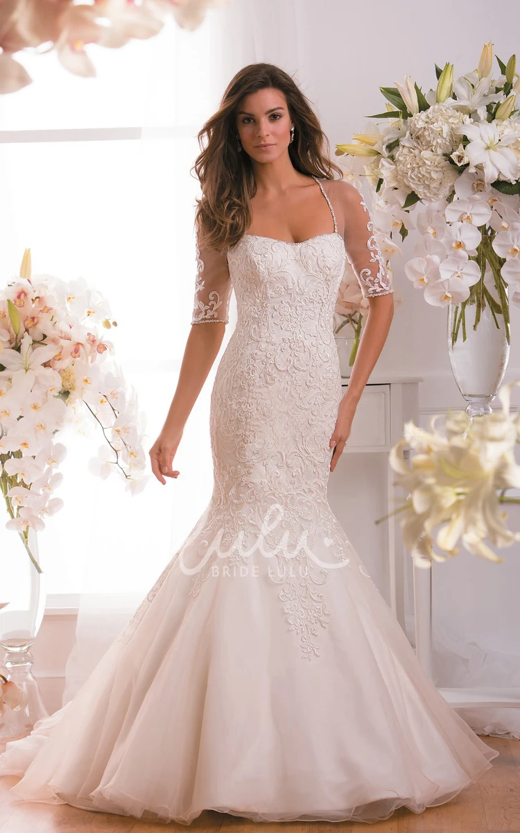 Illusion Keyhole Back Half-Sleeved Trumpet Wedding Dress with Appliques