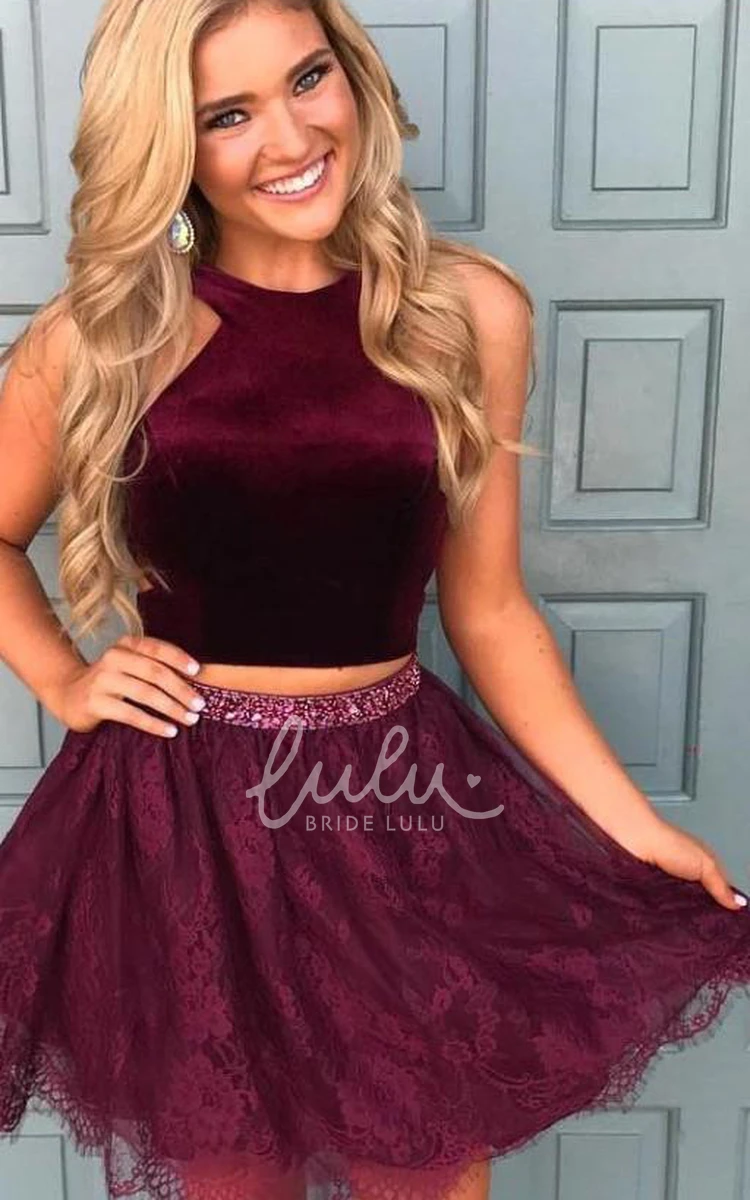 Two Piece Satin Lace Halter Sleeveless A-Line Prom Dress with Sequins