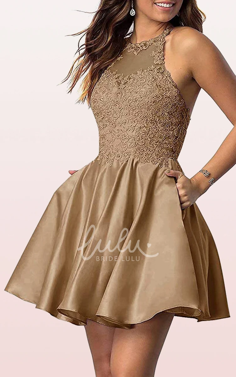 Sleeveless Satin Lace A-Line Homecoming Dress with Appliques Sexy and Elegant
