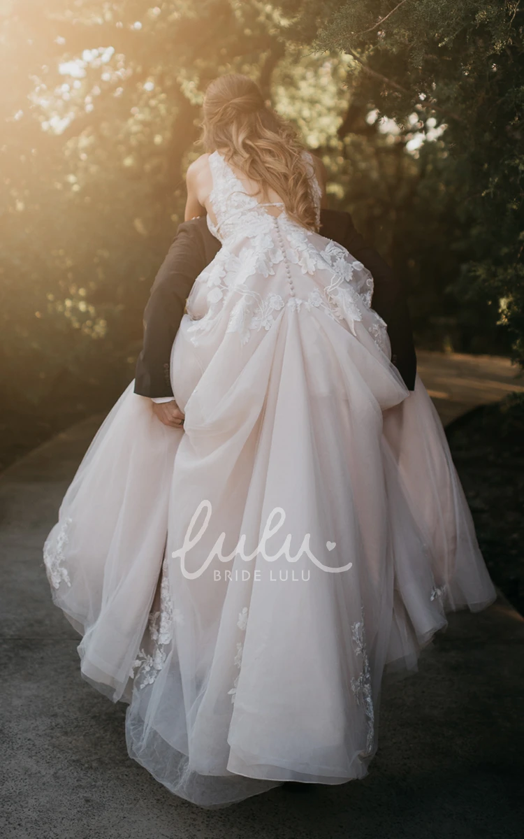 Lace A-Line Wedding Dress with Appliques and V-Back Modern Style