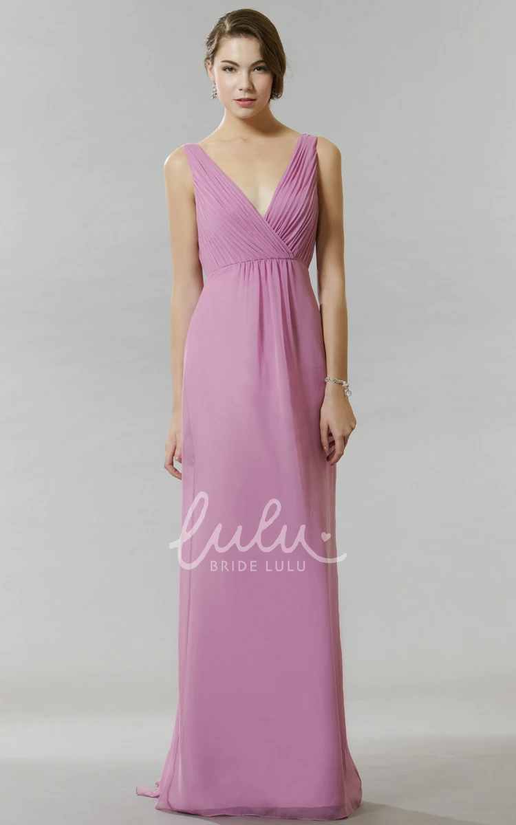 Sleeveless Chiffon Bridesmaid Dress V-Neck Ruched Bow Knee-Length