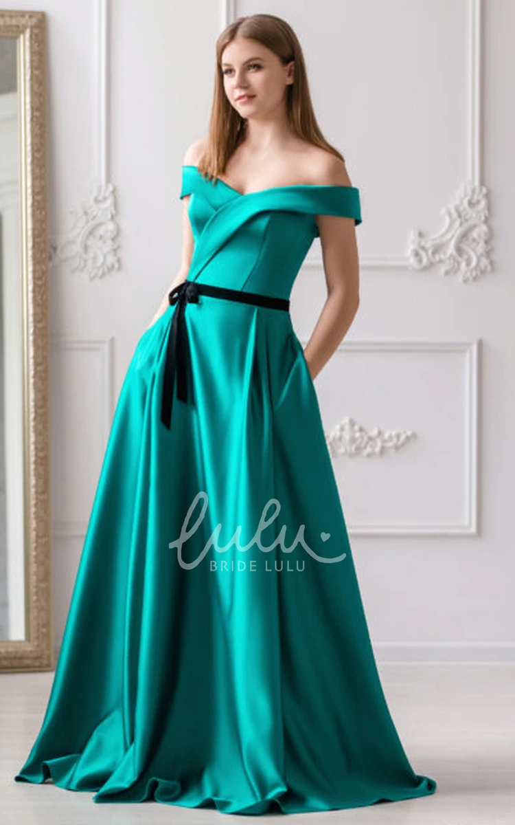 Floor-length Short Sleeve A Line Satin Formal Dress with Pockets Simple Formal Dress