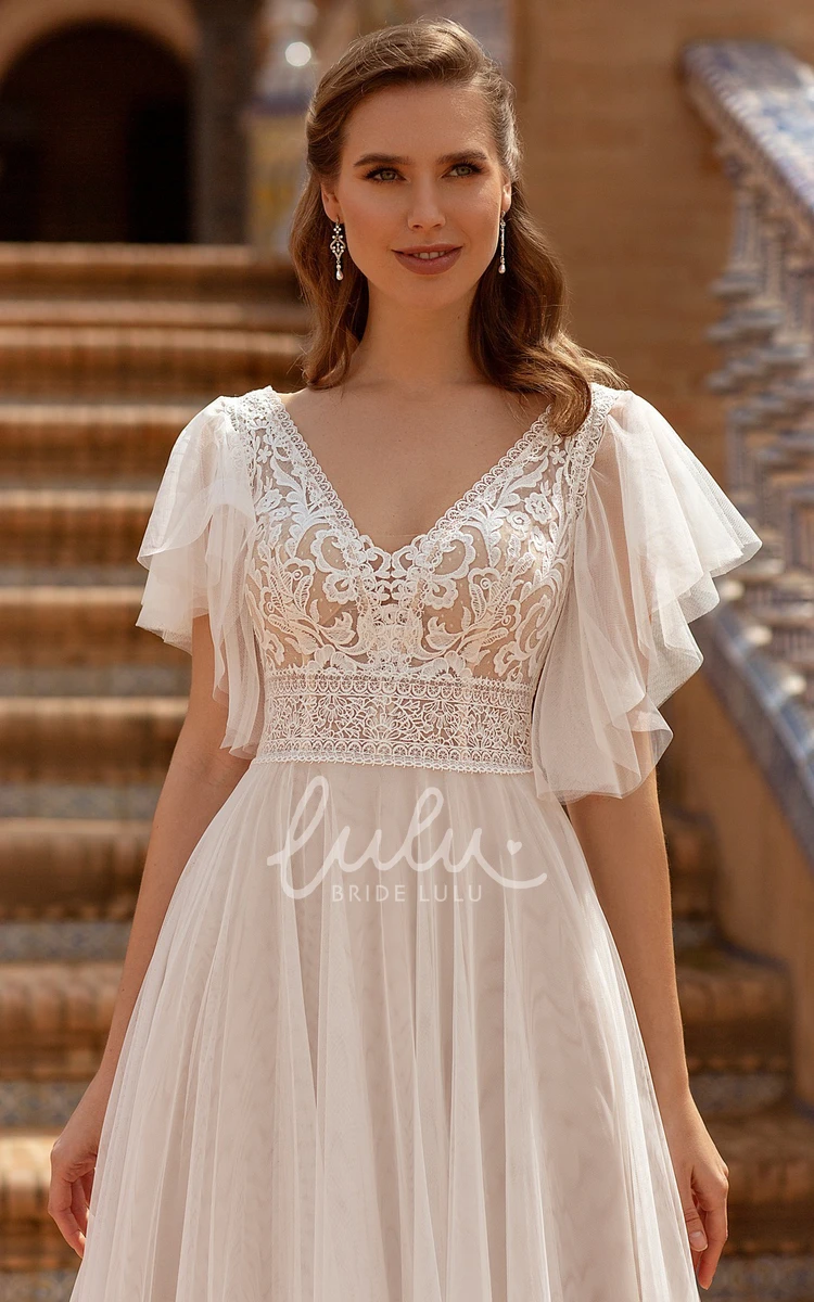 Lace Tulle A-Line V-neck Wedding Dress with Court Train Illusion Sleeve