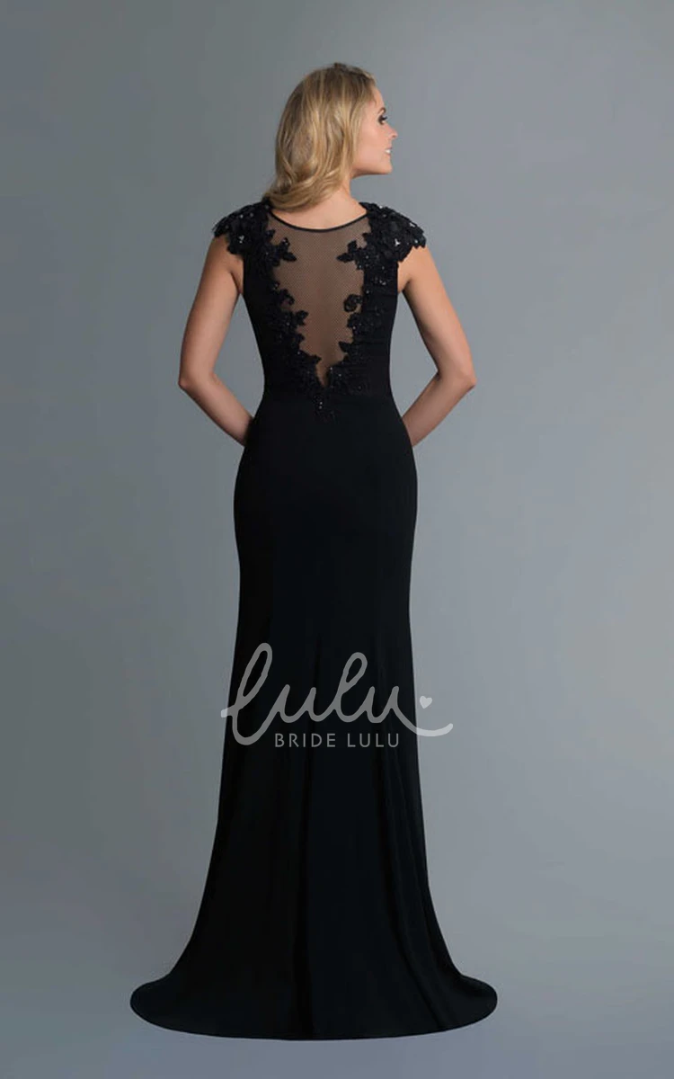 Illusion Jersey Cap-Sleeve Sheath Bridesmaid Dress with Appliques