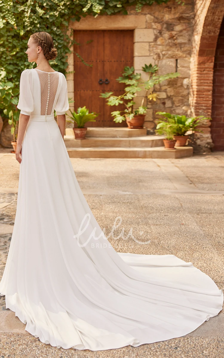 Simple Chiffon Wedding Dress with Half Sleeve A-Line V-Neck