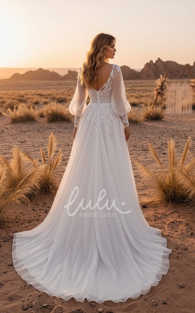 V-Neck Illusion Long Sleeve Romantic Tulle Lace Front Split Country Spring Wedding Dress with Delicate Applique Beach Dress