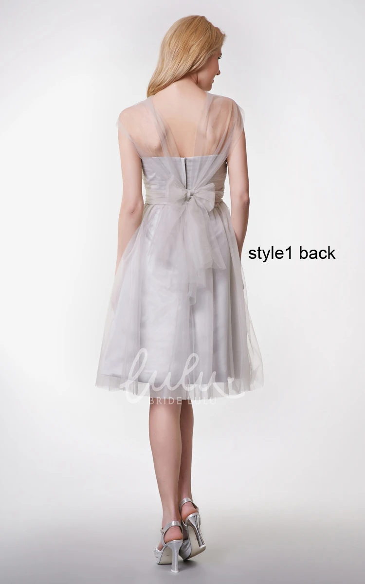 Short Sleeve Tulle Dress with Ruched Belt Pleated A-line