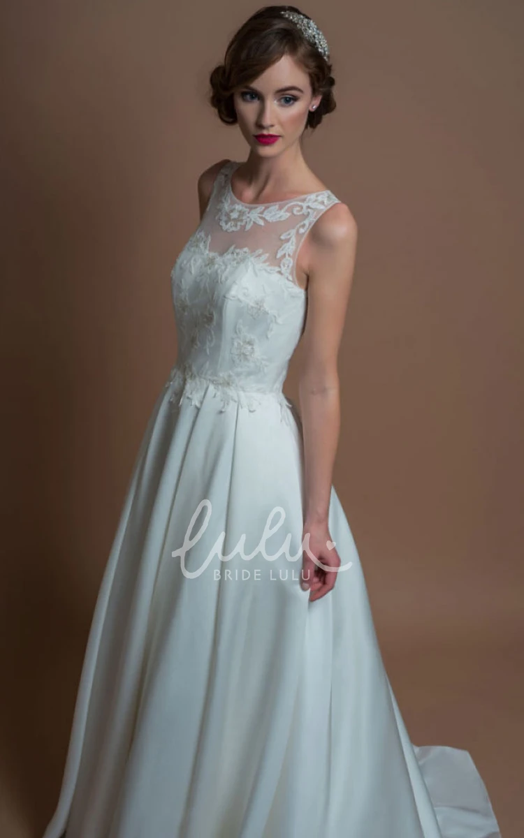 Satin A-Line Wedding Dress with Illusion Back and Brush Train